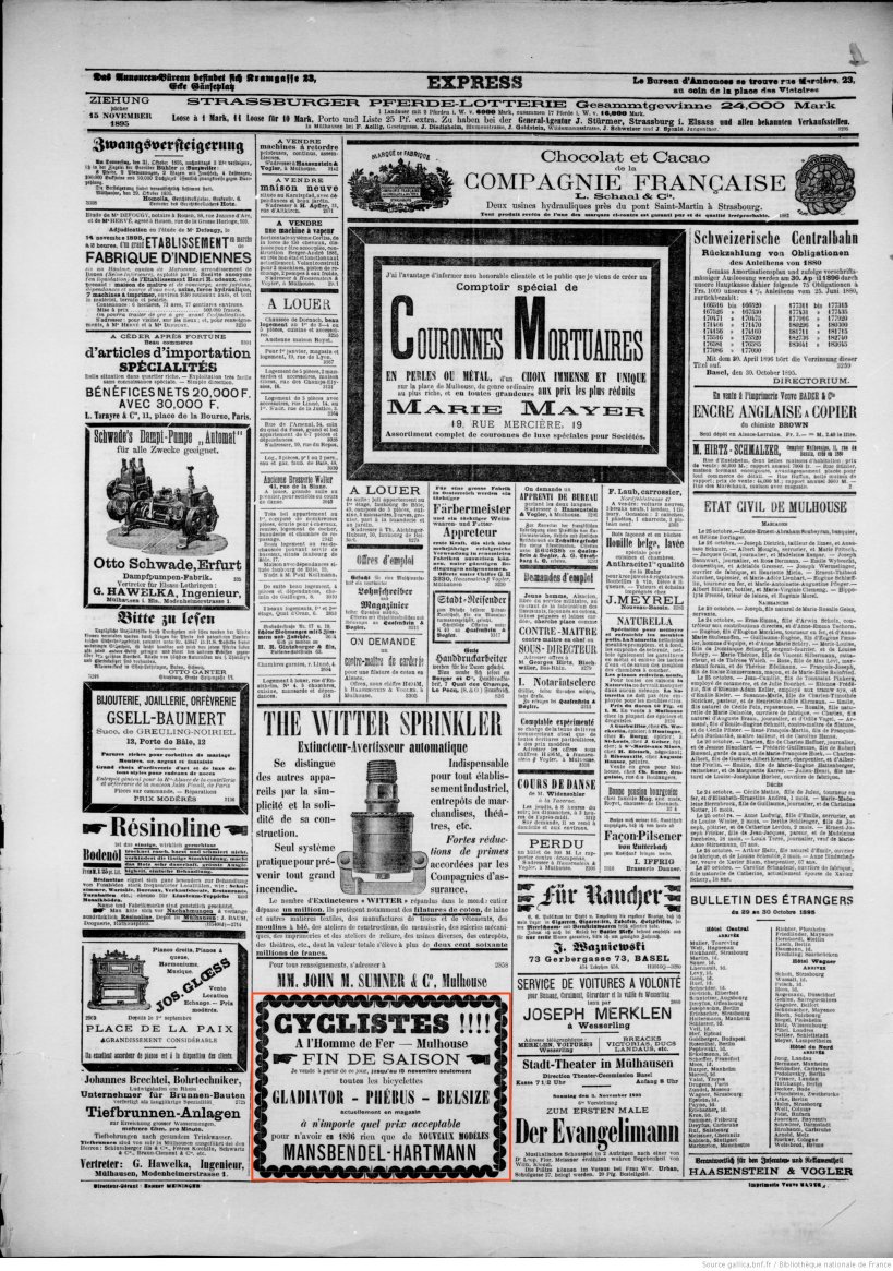 Journal L'Express de Mulhouse du 30 octobre 1895 (p.4) : cycles Gladiator, Phébus et Belsize.